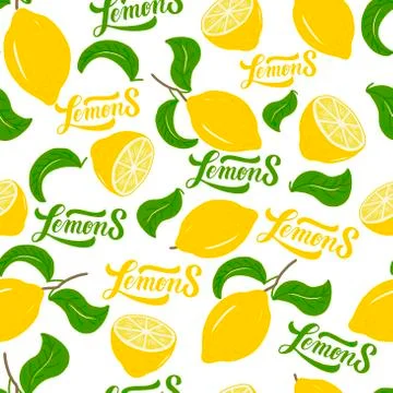 Seamless pattern on a white background white lemons, leaves and inscriptions Stock Illustration