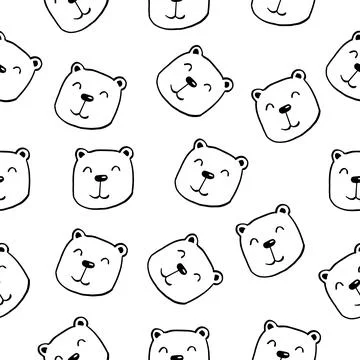 Seamless pattern white bear cute face and head. Hand drawn animal background in Stock Illustration