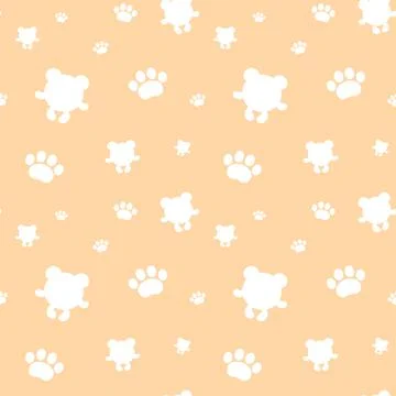 Seamless pattern with white bears and paw prints on orange background Stock Illustration