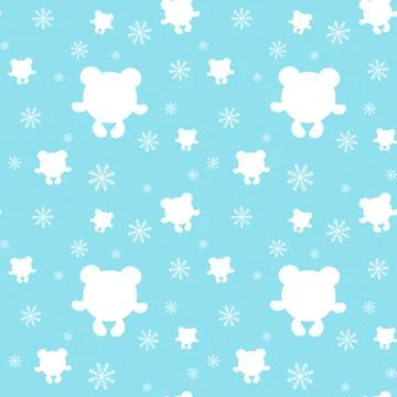 Seamless pattern with white bears and snowflakes on blue background.  Stock Illustration