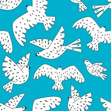 Seamless pattern with white birds on a blue background Stock Illustration