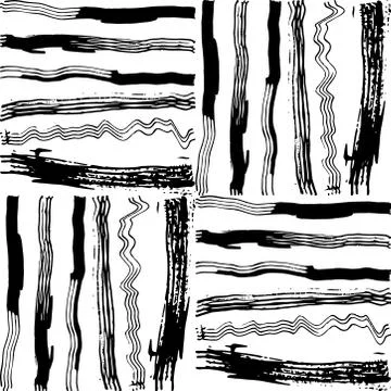 Seamless pattern white black lines squares brush strokes design abstract simp Stock Illustration