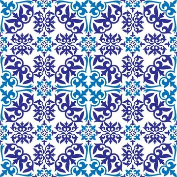 Seamless pattern white blue Portuguese tiles. Mediterranean ceramic. Talavera  Stock Illustration