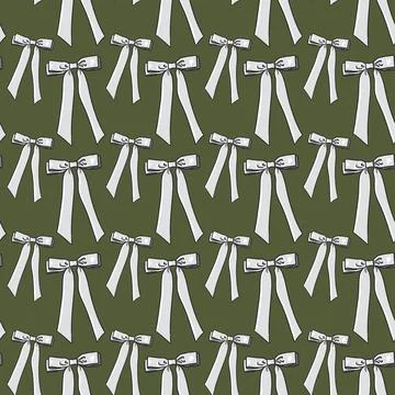  Seamless pattern with white bows,ribbons on a dark green background Stock Illustration