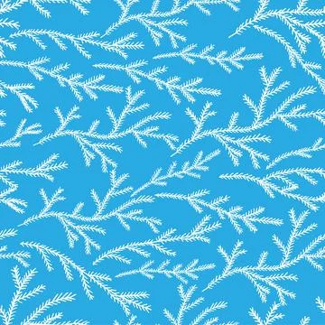 Seamless pattern, white branches of fir tree in hand drawn style in blue ba.. Stock Illustration