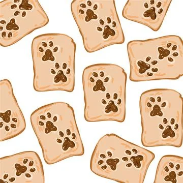 A seamless pattern of white bread with dog paw prints. Art on food Illustration