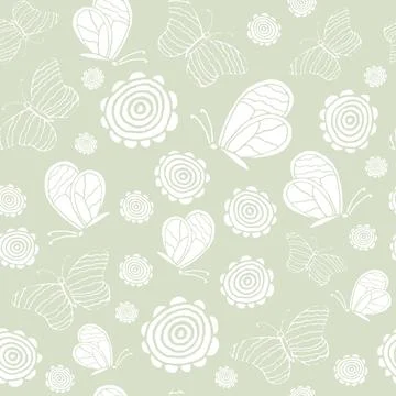 Seamless pattern with white butterflies and flowers Stock Illustration