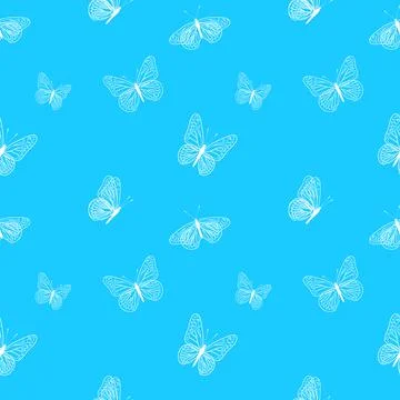 Seamless pattern of white butterflies on blue background. Design for wrappin Stock Illustration