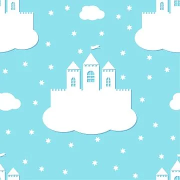 Seamless pattern with white castles on blue background. White paper castle on a Ilustración de archivo