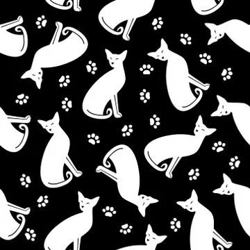 Seamless pattern with white cats and traces on black background. Ilustración de archivo