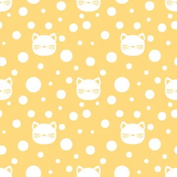 Seamless pattern with white cats and dots on orange background.  Stock Illustration