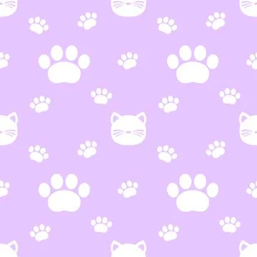 Seamless pattern with white cats and paws on purple background. Stock Illustration