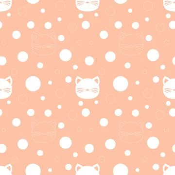 Seamless pattern with white cats and dots on pink background. Stock Illustration