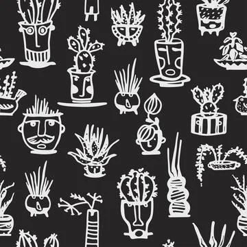 Seamless pattern White Ceramic pots with cactus comic faces Stock Illustration