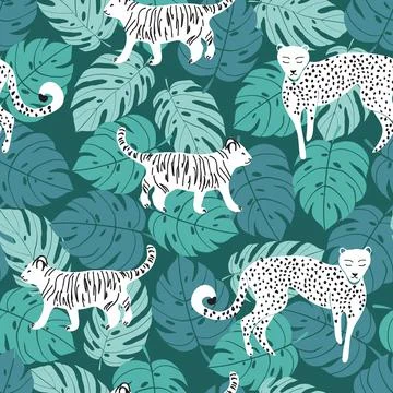 Seamless pattern with white cheetah and tiger and leaves Stock Illustration