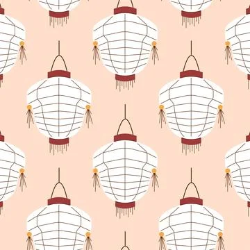 Seamless pattern of white Chinese lantern with tassel on a peach background Illustrazione stock