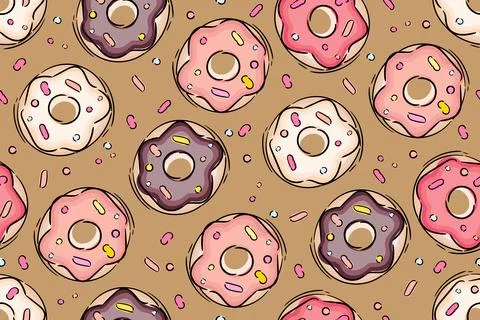 Seamless pattern with white, chocolate and pink donuts, hand draw illustration 스톡 일러스트