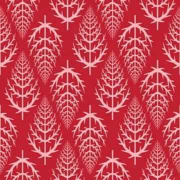 Seamless pattern white christmas tree on red background, cute christmas art b Stock Illustration