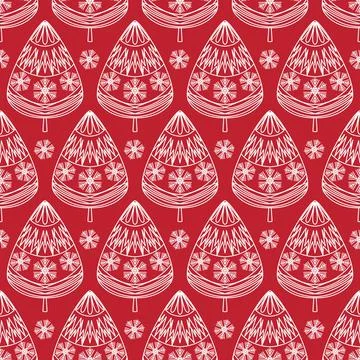 Seamless pattern white christmas tree on red background, cute christmas art b Illustrazione stock