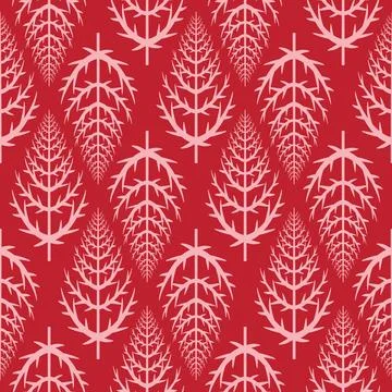 Seamless pattern white christmas tree on red background, cute christmas art b Stock Illustration