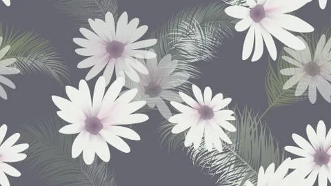 Seamless pattern, white Chrysanthemum flowers with palm leaves on dark gray Stock Illustration