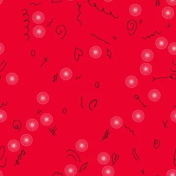 Seamless pattern with white circles, black doodles Stock Illustration