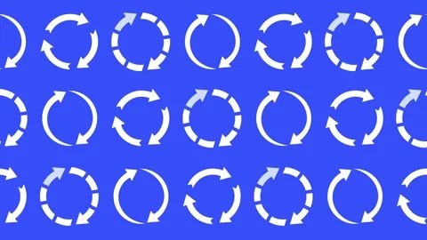 Seamless pattern of white circular arrows and loading icons on a blue background Stock Footage 334012762