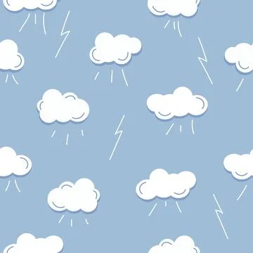 Seamless pattern with white cloud, rain, thunderstorm on blue background Stock Illustration