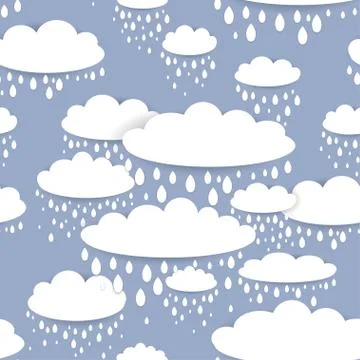 Seamless pattern with white clouds and raindrops on a blue background Stockillustratie
