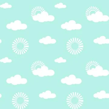 Seamless pattern with white clouds and sun on blue background. Stockillustratie