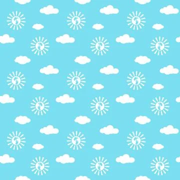 Seamless pattern with white clouds, sun and baby feet on blue background 스톡 일러스트