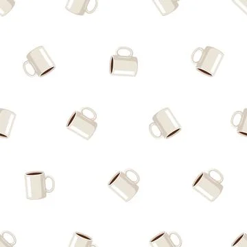 Seamless pattern with white coffee mugs on a white background. Stock Illustration