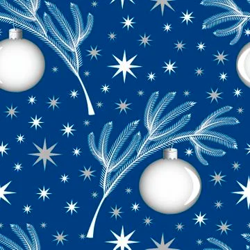 Seamless pattern White coniferous Christmas-tree branch on a blue background Stock Illustration