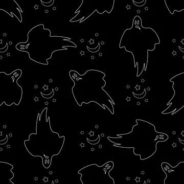 Seamless pattern white contour ghost, moon and stars. Halloween Stock Illustration