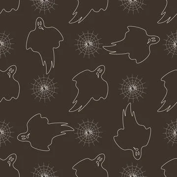 Seamless pattern with white contour ghost and spider on web. Happy Halloween Stock Illustration