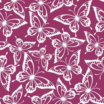 Seamless pattern of white contours of butterflies on a purple background, t.. Stock Illustration