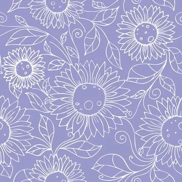 Seamless pattern of white contours of flowers on a blue background, texture Stock Illustration