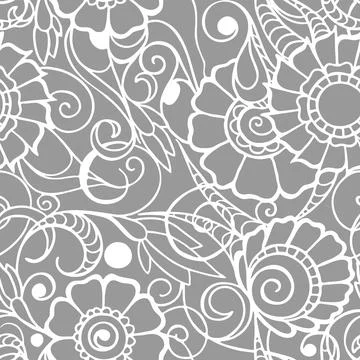 Seamless pattern of white contours of flowers on a gray background, texture Stock Illustration