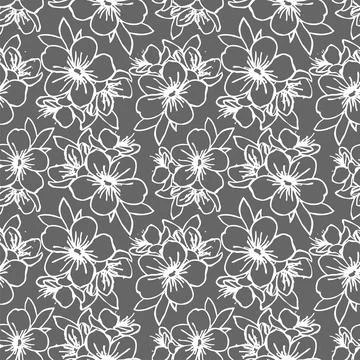 Seamless pattern of white contours of flowers on a gray background Illustrazione stock