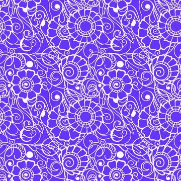 Seamless pattern of white contours of flowers on a blue background Stock Illustration