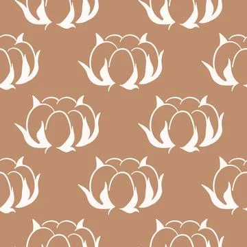 Seamless pattern with white cotton flower on brown background. Natural organic Stock Illustration