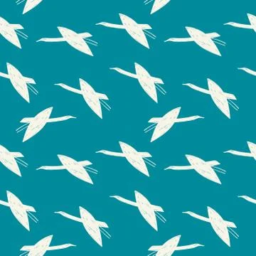 Seamless pattern white cranes swans, herons birds fly, green blue turquoise s Stock Illustration