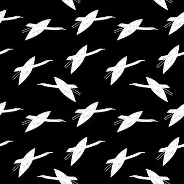 Seamless pattern white cranes swans, herons birds fly, simple lines scandinav Stock Illustration
