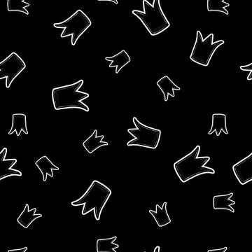 Seamless pattern with white crown silhouette on black background. Doodle vector Stock Illustration