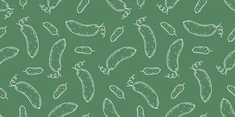 Seamless pattern of white cucumber silhouettes on green background Illustrazione stock