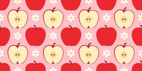 Seamless pattern with white daisy and red apples flat style fruit patterns Stock Illustration