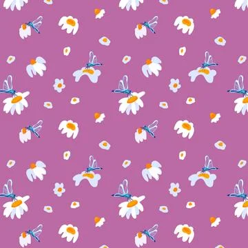 Seamless pattern white daisy dragonfly purple background cards posters banners Stock Illustration