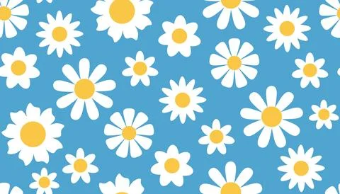 Seamless pattern with white daisy flower on blue background in flat cartoon.. Stock Illustration