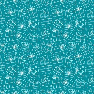 Seamless pattern with white doodle gift boxes on blue background. Can be used Stock Illustration