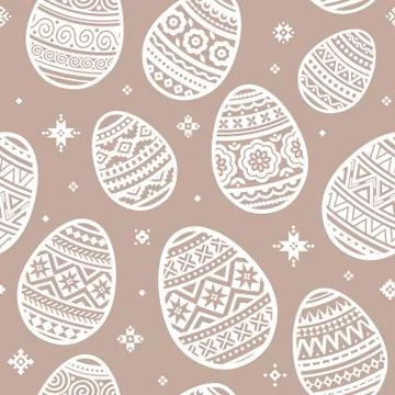 Seamless pattern of white easter egg vector flat icons painted in traditional 스톡 일러스트